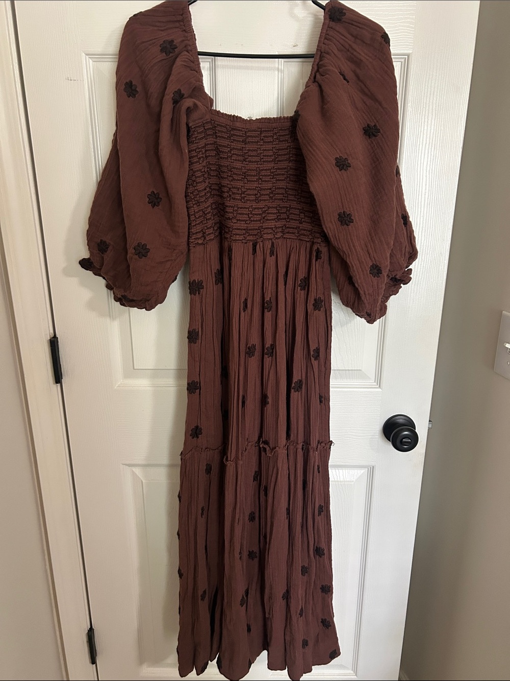 Free People Chocolate Brown Smocked Maxi Dress with Puff Sleeves - Picture 2 of 3